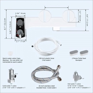 Contemporary Mechanical Bidet Toilet Seat with Self-Cleaning Dual Nozzle, Water-Pressure-Control, Hot and Cold Water Spray, US G7/8 Nozzle, Non-Electric Sanitizing Wash Attachment for Rear